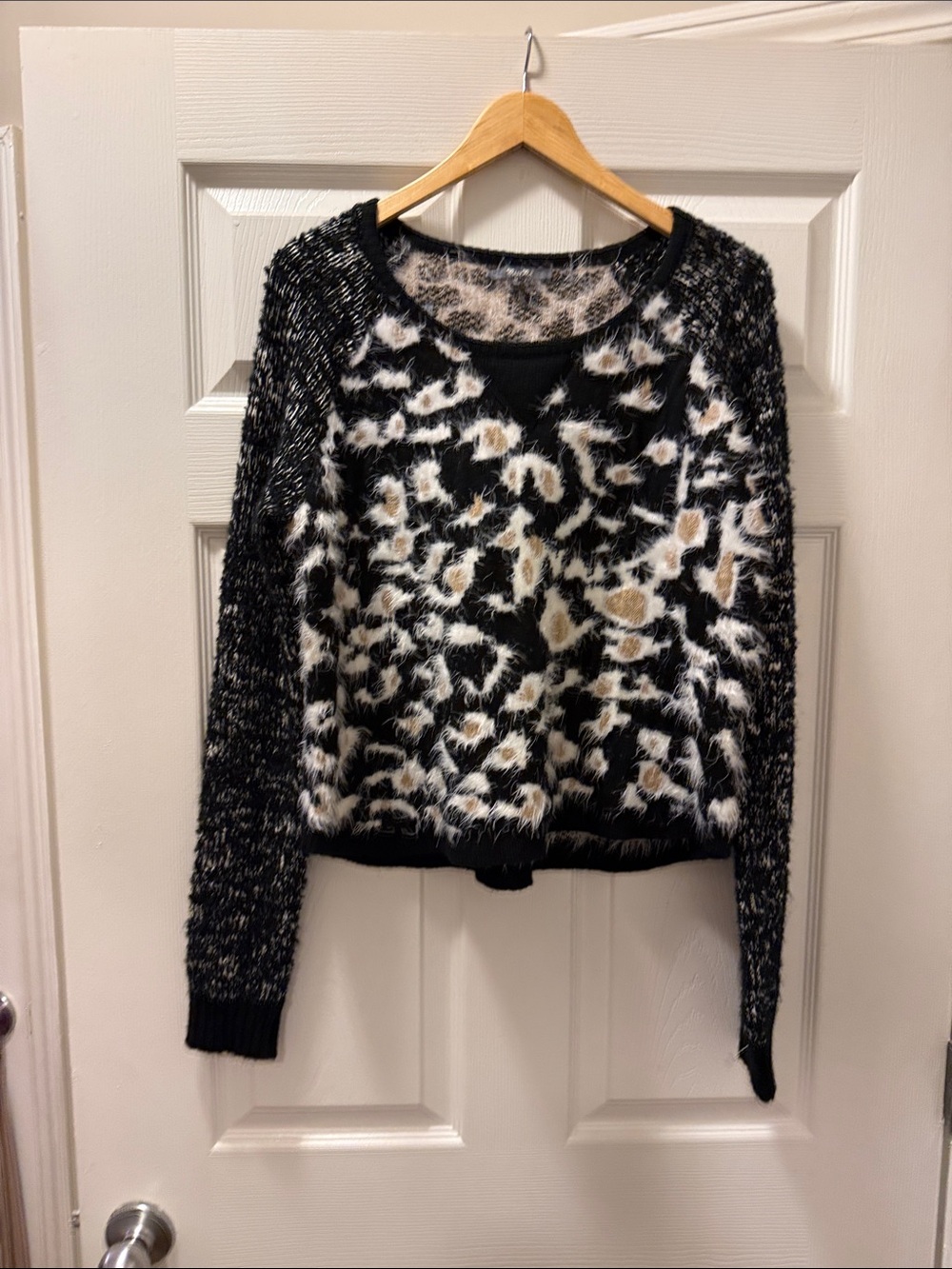 Miss Me Black Cream and Tan Fuzzy Animal Print Crewneck Sweater